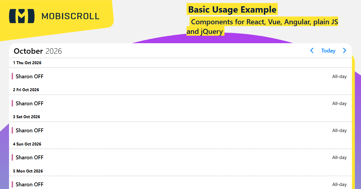 Angular Agenda Basic Usage Example | Mobiscroll