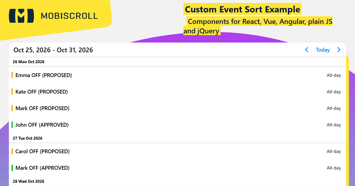 Angular Agenda Custom Event Sort Order Example | Mobiscroll