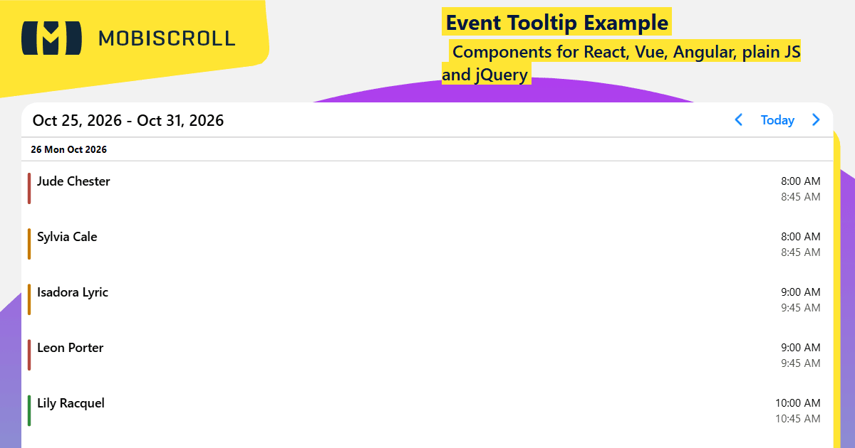 Angular Agenda Custom event tooltip Example | Mobiscroll