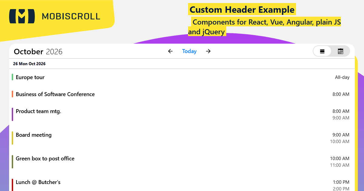 React Agenda Event Calendar Agenda View Custom Header Example | Mobiscroll