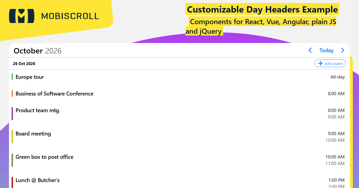 Agenda Custom Day Header Example | Mobiscroll