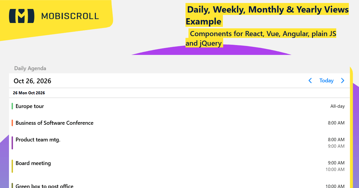 Angular Agenda Daily, Weekly, Monthly & Yearly Views Example | Mobiscroll