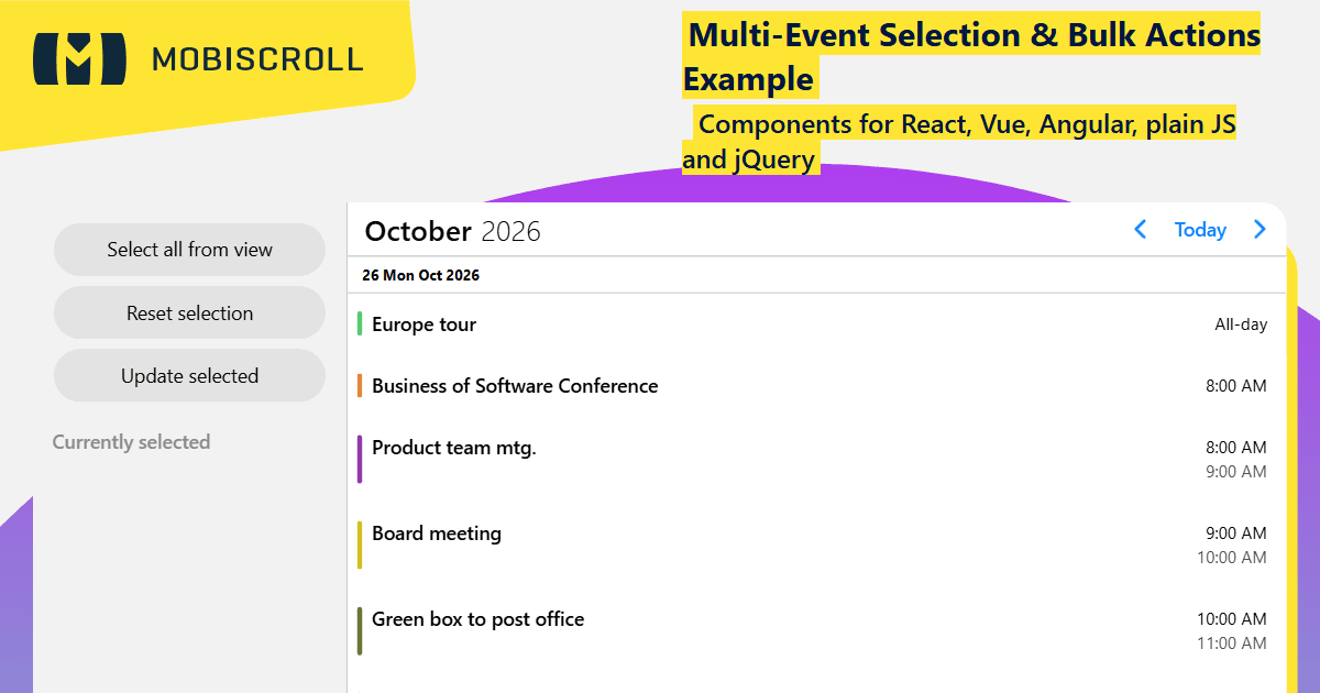Angular Agenda Multi-Event Selection & Bulk Actions Example | Mobiscroll