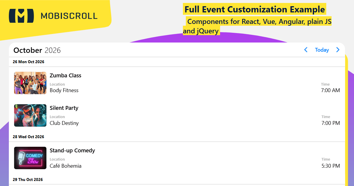 React Agenda Custom Event Cards Example | Mobiscroll