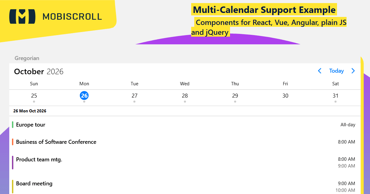 Angular Agenda Multi-Calendar System Support Example | Mobiscroll