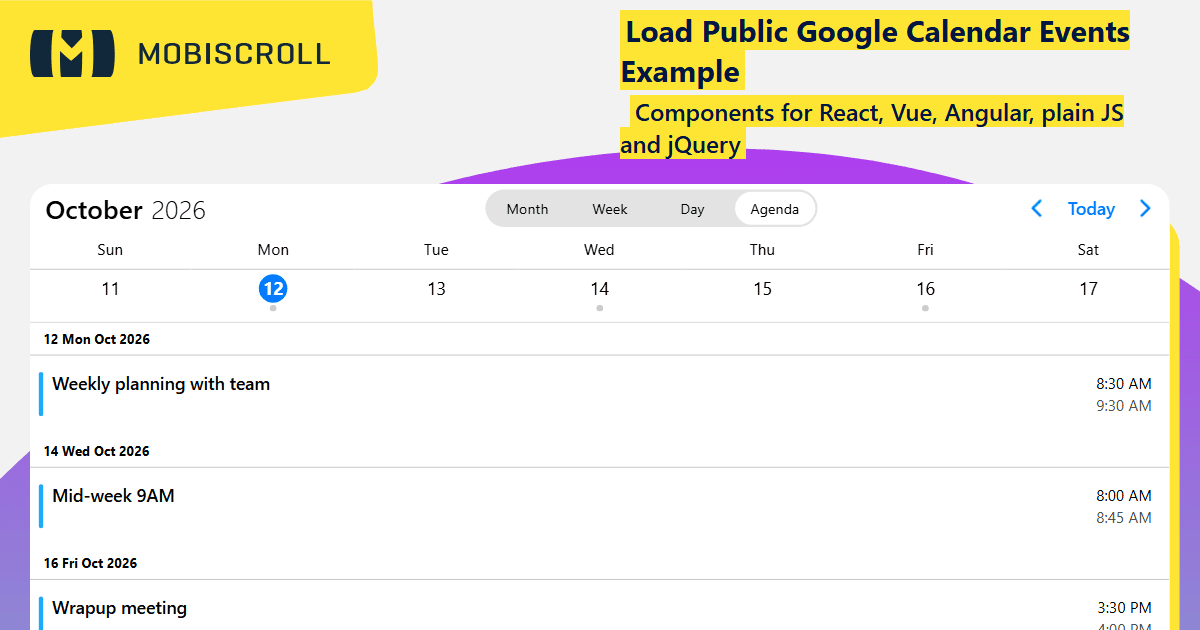 React Agenda Load Events from Google Calendar Example | Mobiscroll