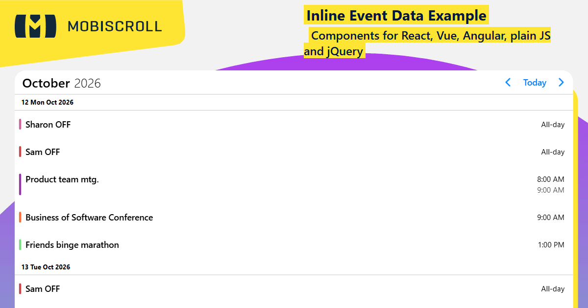 Angular Agenda Inline Event Data Example | Mobiscroll