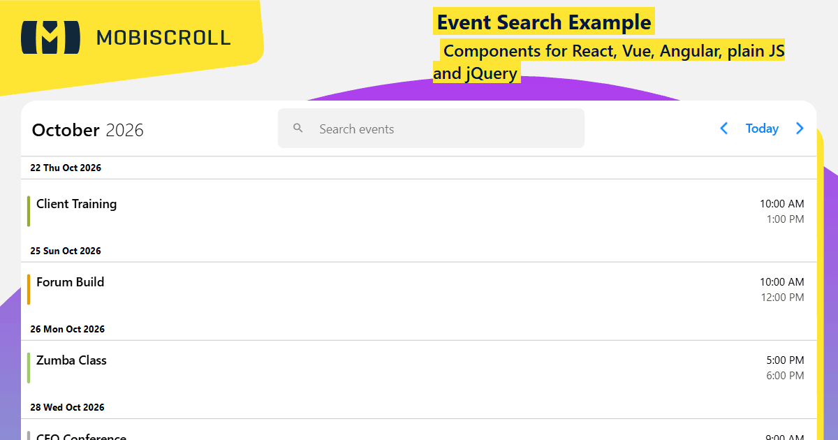 Angular Agenda Event Calendar Search Popup Example | Mobiscroll