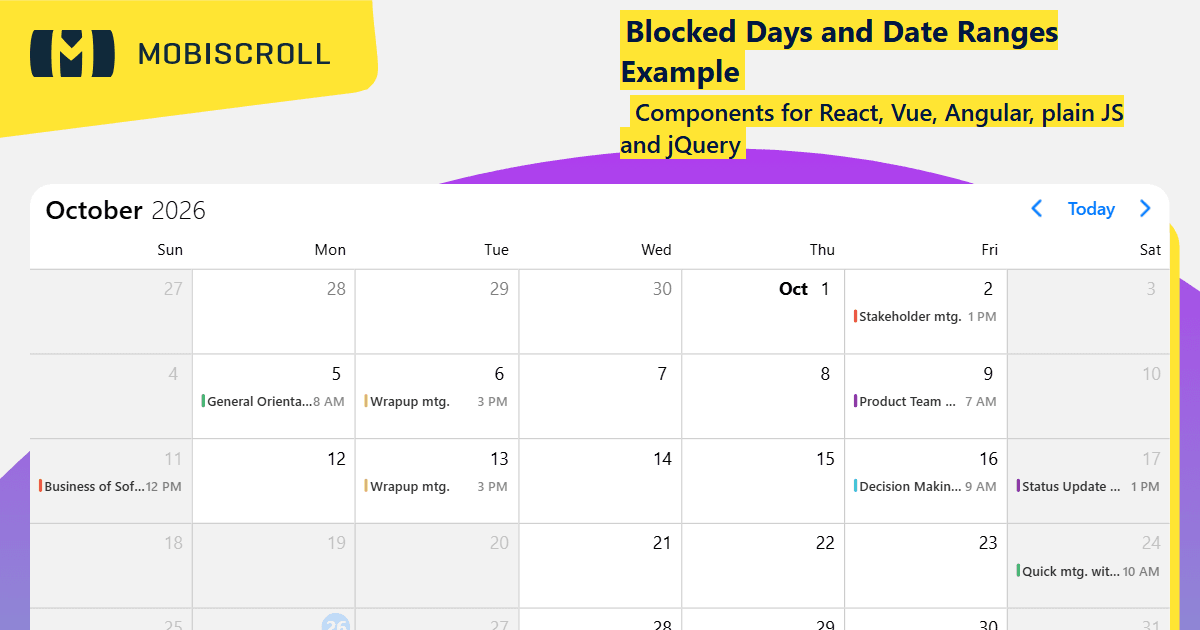 React Event calendar Disable Days and Date Ranges Example | Mobiscroll