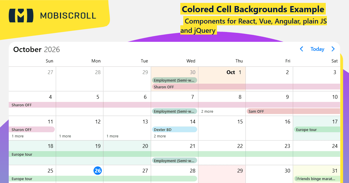 React Event calendar Colored Cell Backgrounds Example | Mobiscroll