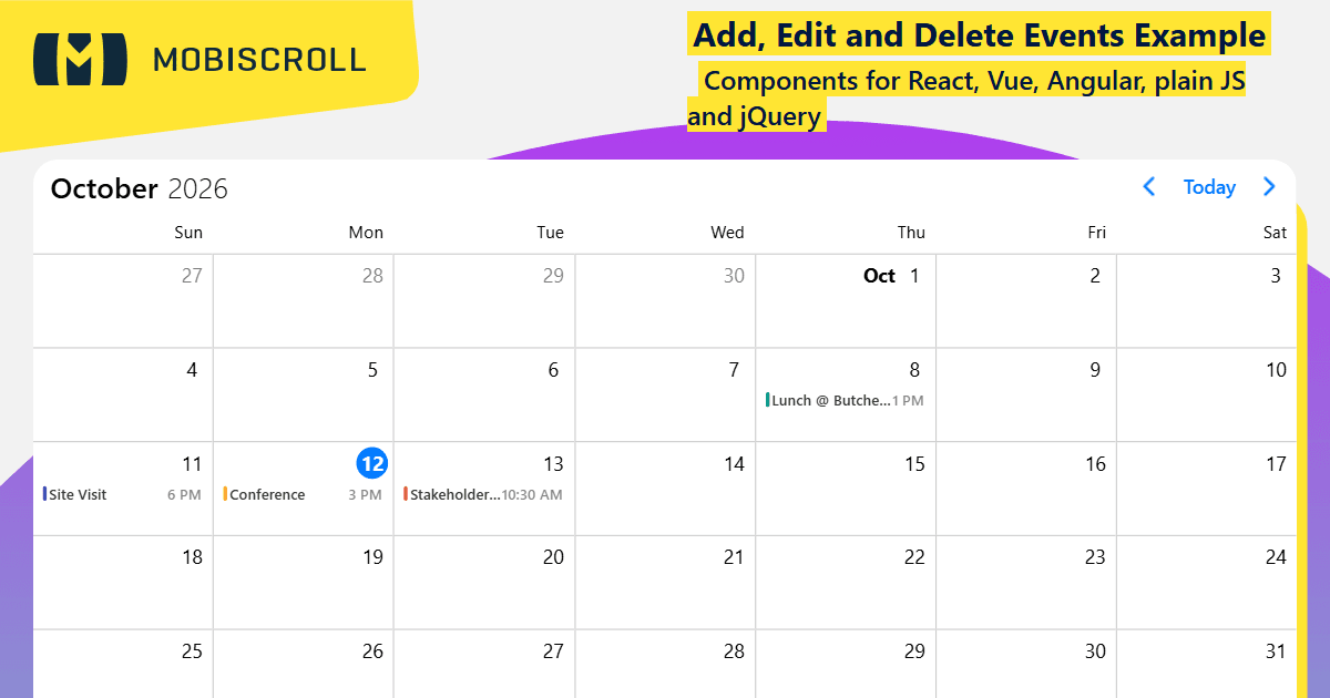 JQuery Event calendar Create, Edit and Delete Events Example | Mobiscroll