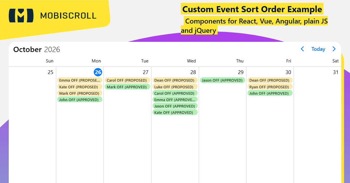 React Event calendar Custom Event Sort Order Example | Mobiscroll