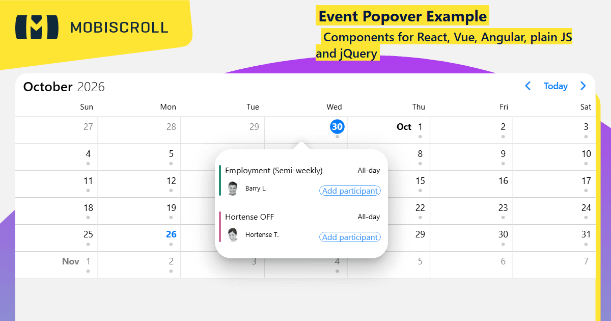 React Event calendar Custom Event Popover Example | Mobiscroll