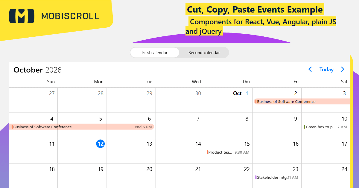 Angular Event calendar Move events between calendars Example | Mobiscroll