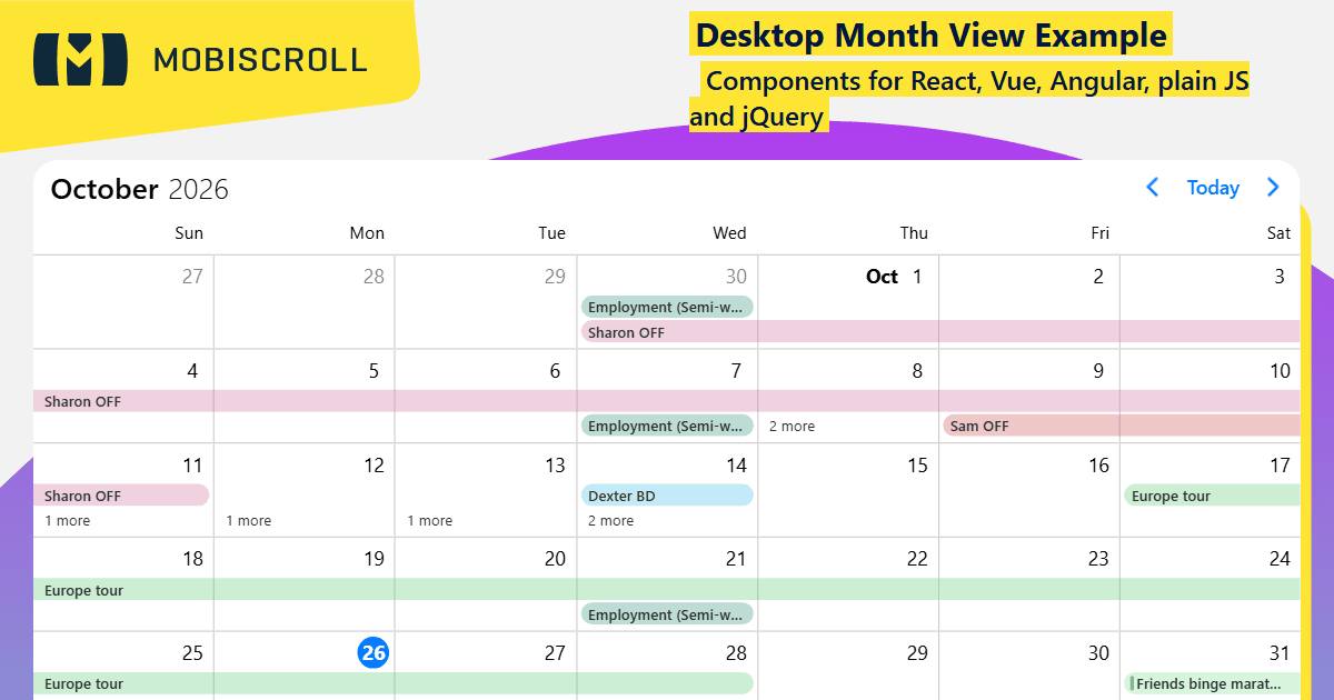 Angular Event calendar Desktop Month View Example | Mobiscroll