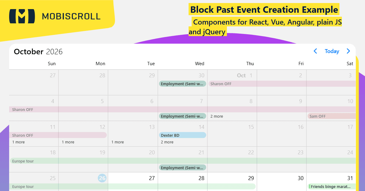 React Event calendar Disable Past Dates Example | Mobiscroll