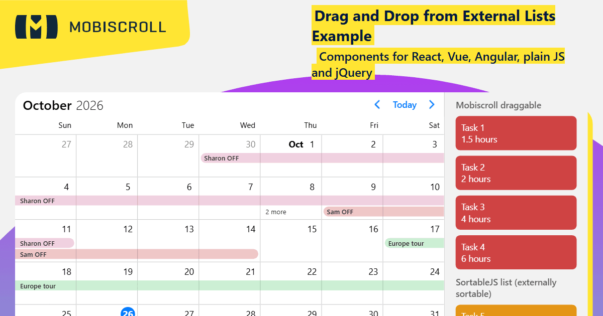 React Event calendar External Drag and Drop Example | Mobiscroll