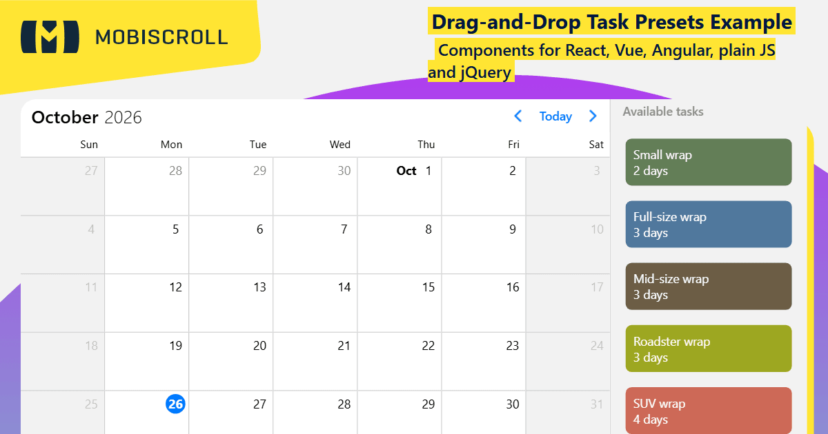 React Event calendar External Event Presets Example | Mobiscroll