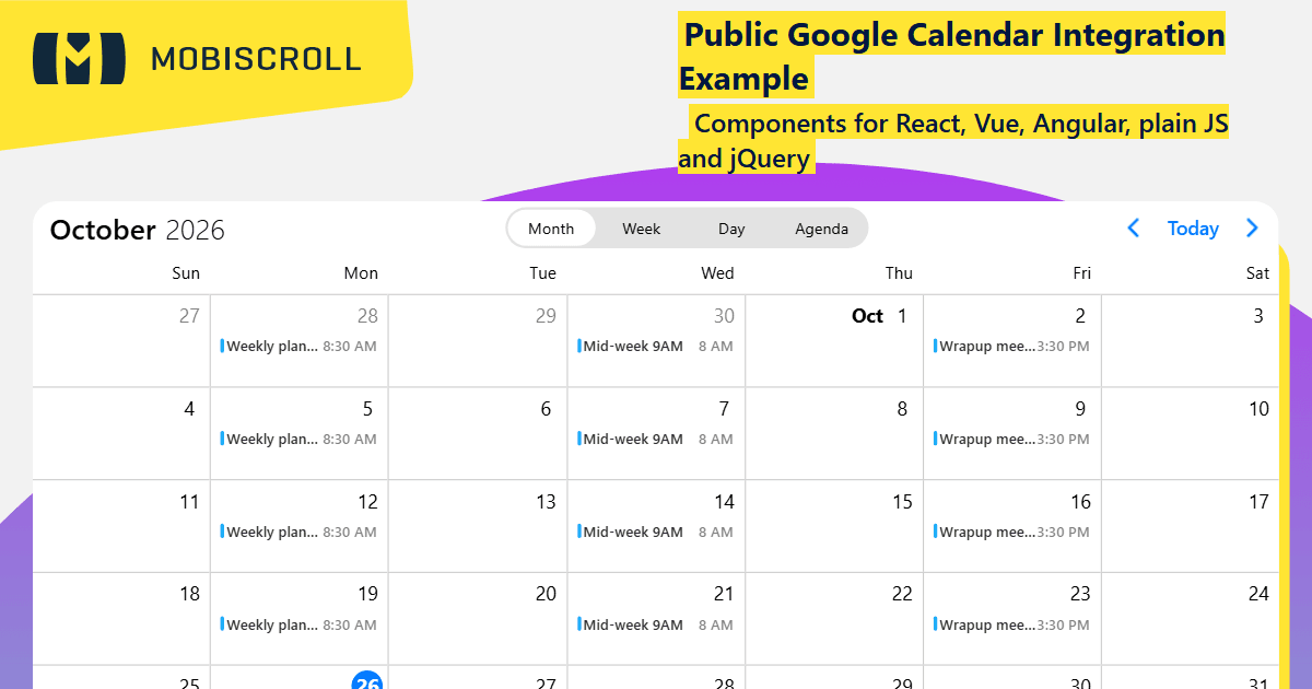 React Event calendar Public Google Calendar Example | Mobiscroll
