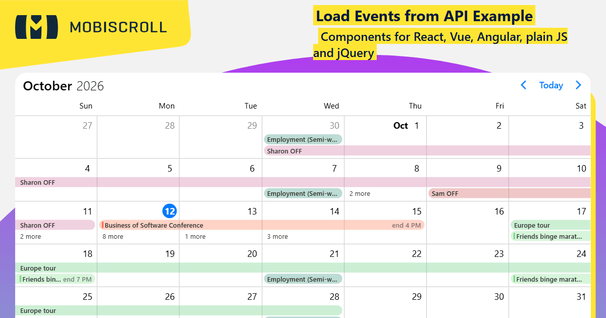 React Event calendar Load Events from a Remote API Example | Mobiscroll