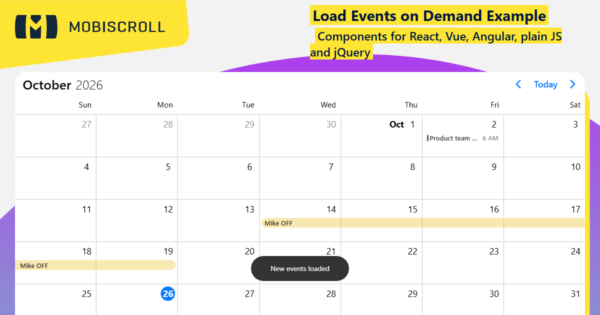Angular Event calendar Lazy Loading Events Example | Mobiscroll