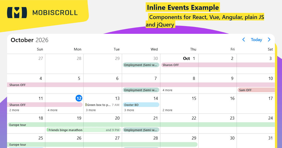 Angular Event calendar Load calendar events Example | Mobiscroll