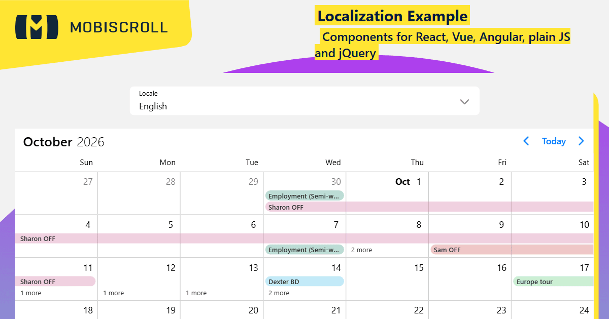 Angular Event calendar Localization Example | Mobiscroll