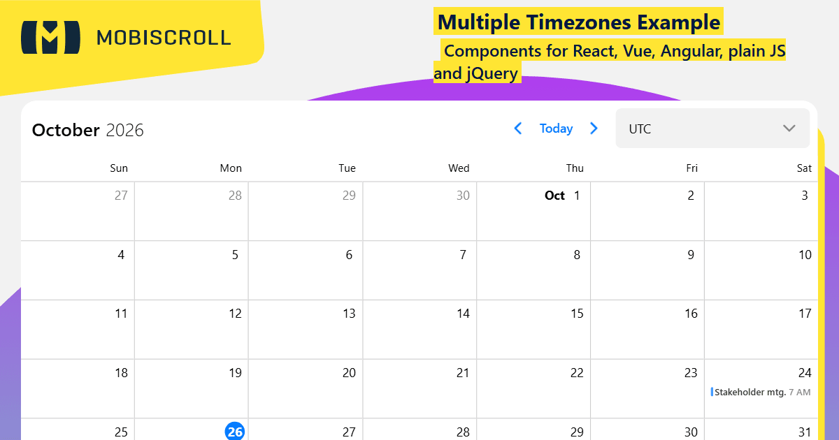 Angular Event calendar Timezones switching Example | Mobiscroll