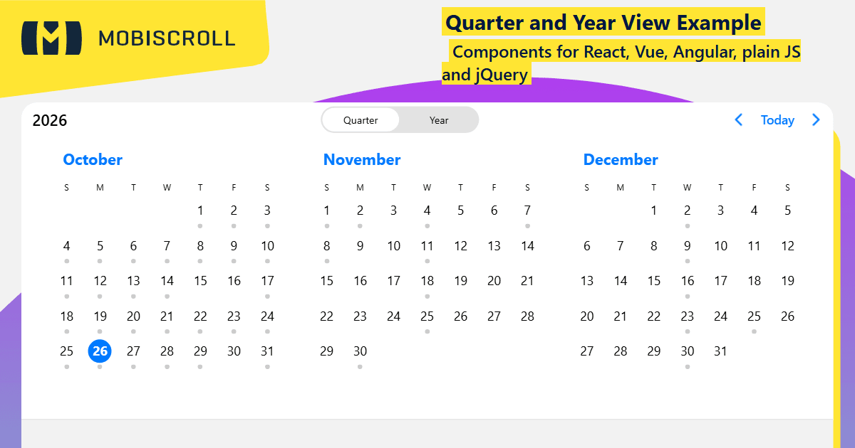 React Event calendar Quarter and Year View Example | Mobiscroll