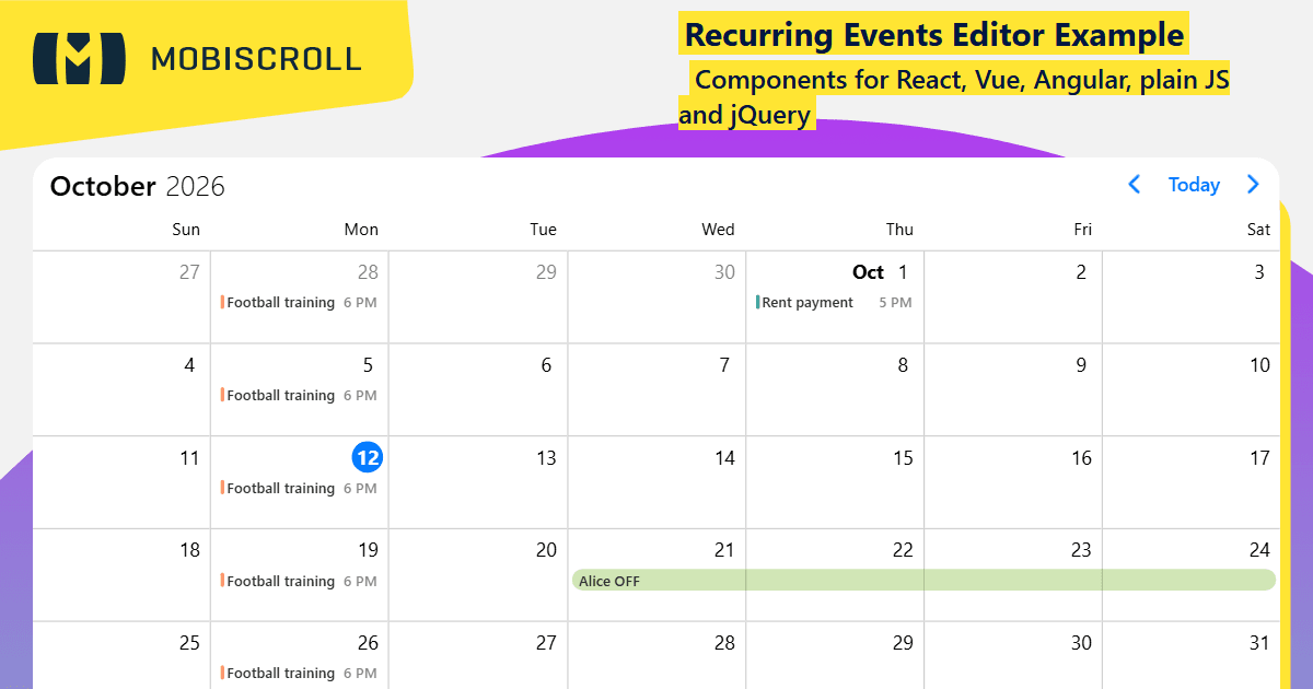 Recurrence Calendar Examples Angular Event calendar Recurring Events Editor Example | Mobiscroll
