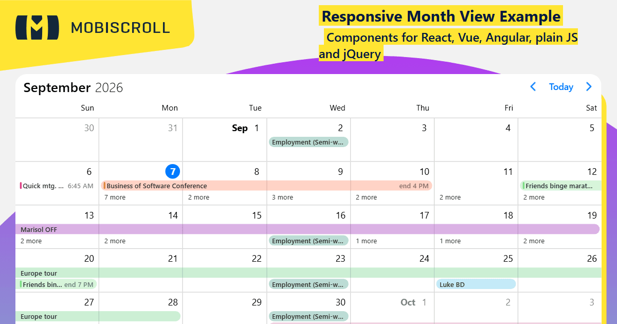 React Event calendar Responsive Layout Example | Mobiscroll
