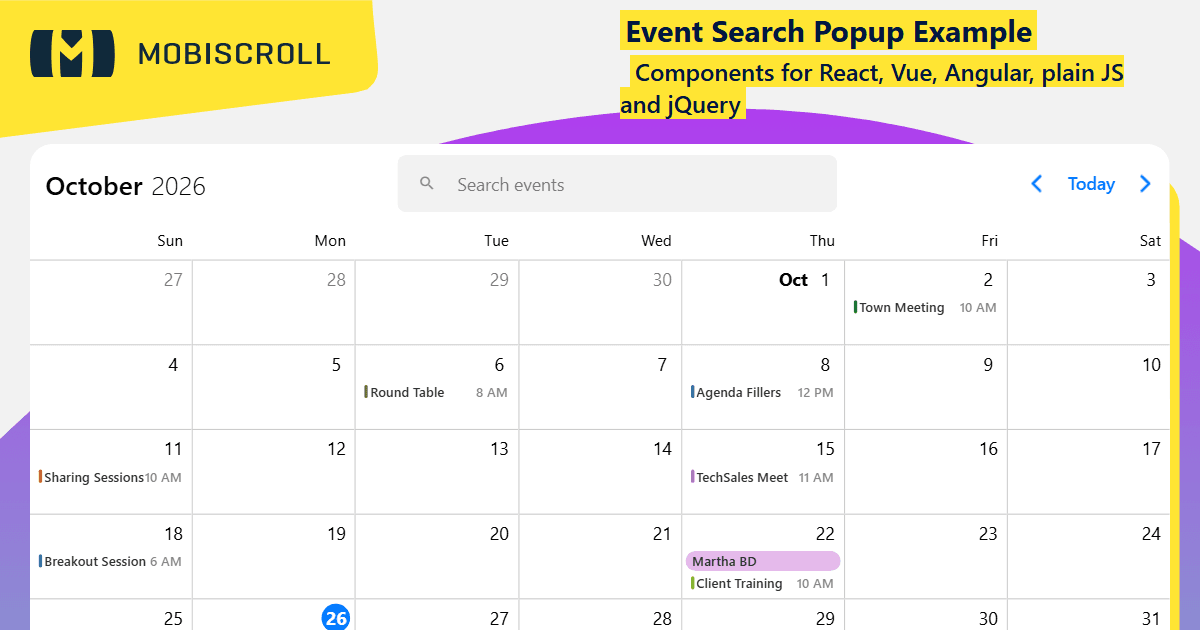 Angular Event calendar Event Search in Popup Example | Mobiscroll