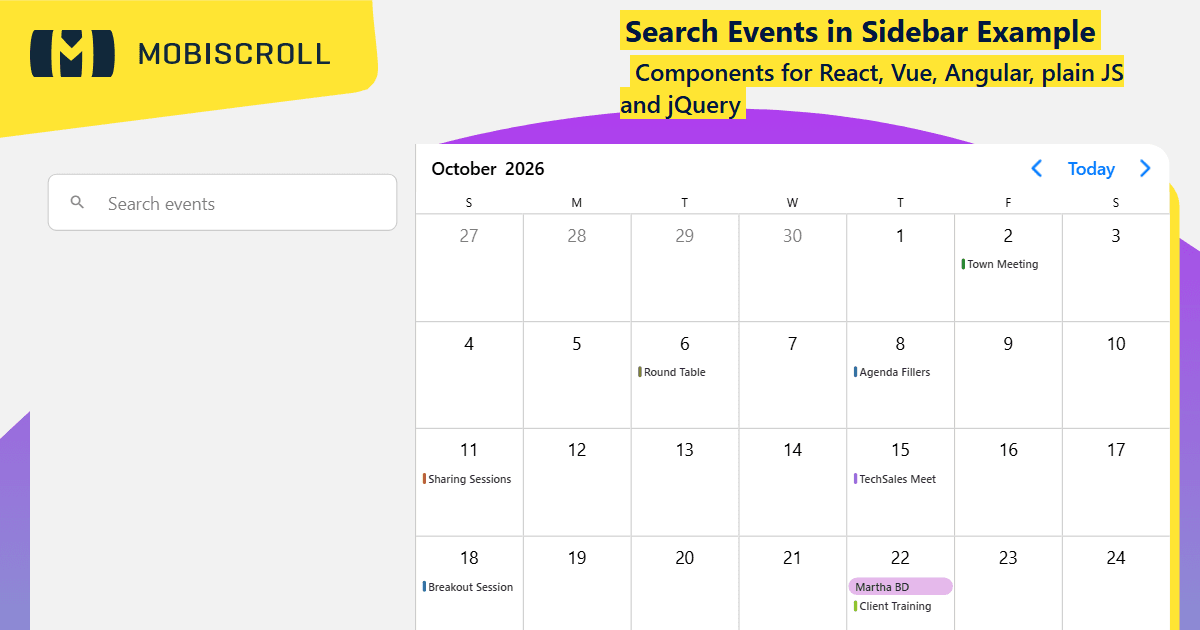 Angular Event calendar Event Search Sidebar Example | Mobiscroll
