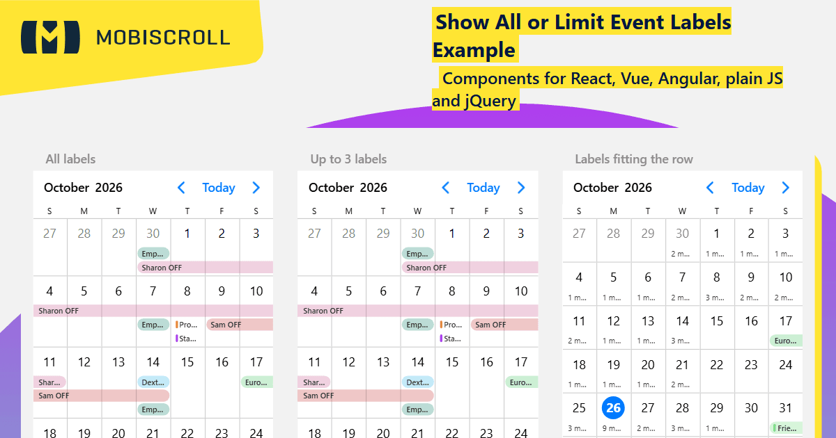 React Event calendar Show All or Limit Event Labels Example | Mobiscroll