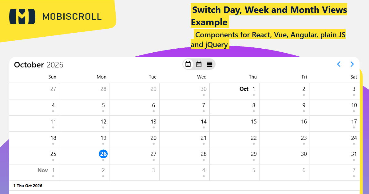 Vue Event calendar Day, Week, and Month View Example | Mobiscroll