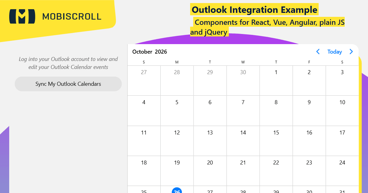 Angular Event calendar Outlook Calendar Sync Example | Mobiscroll