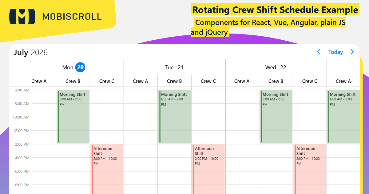 JQuery Scheduler Continuous shift planning Example | Mobiscroll