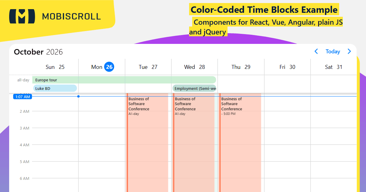 React Scheduler Colored backgrounds Example | Mobiscroll