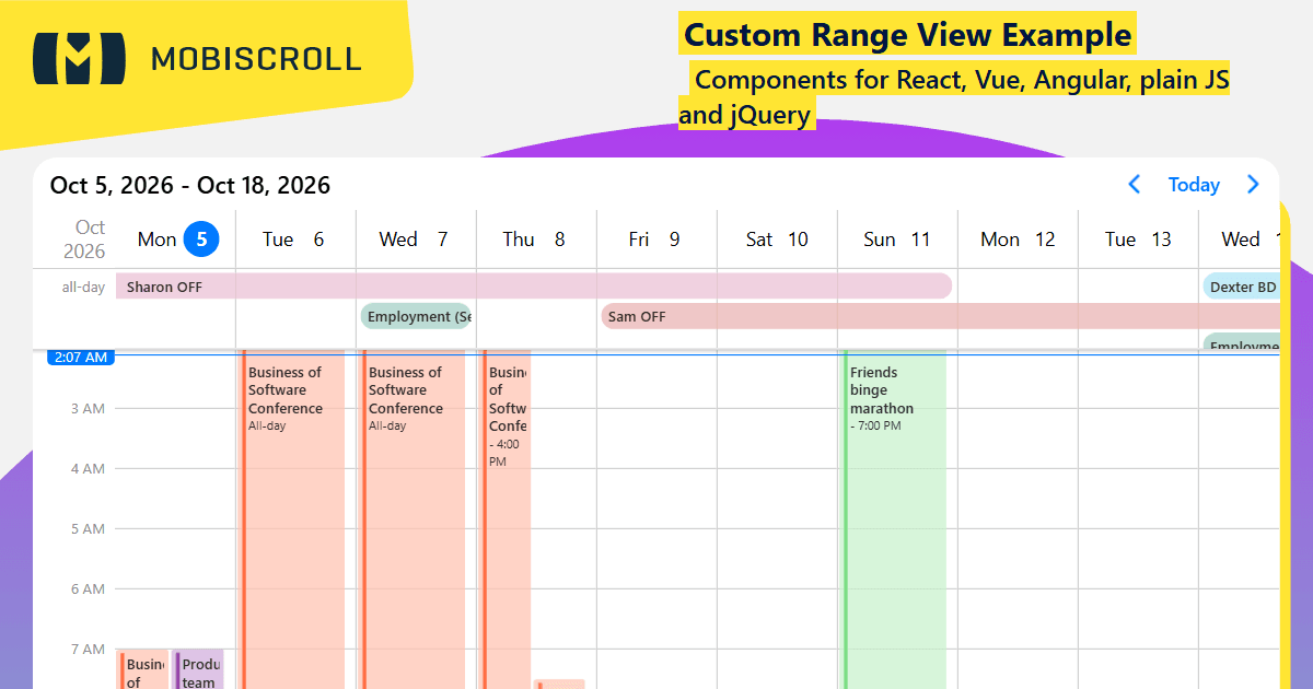 View Week Range Ui Example React Scheduler Custom range view Example | Mobiscroll
