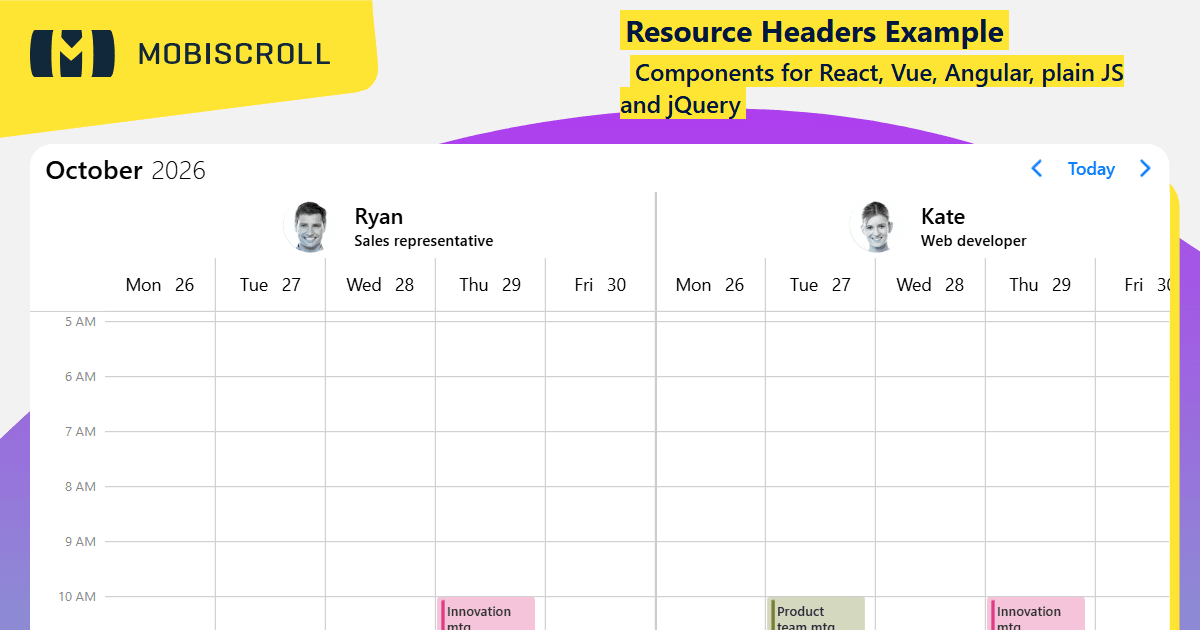 React Scheduler Custom Resource Headers Example | Mobiscroll