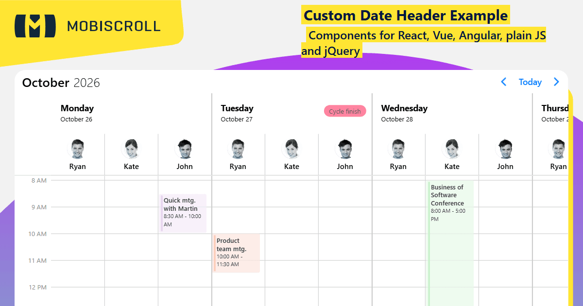 Angular Scheduler Custom Date Header Example | Mobiscroll
