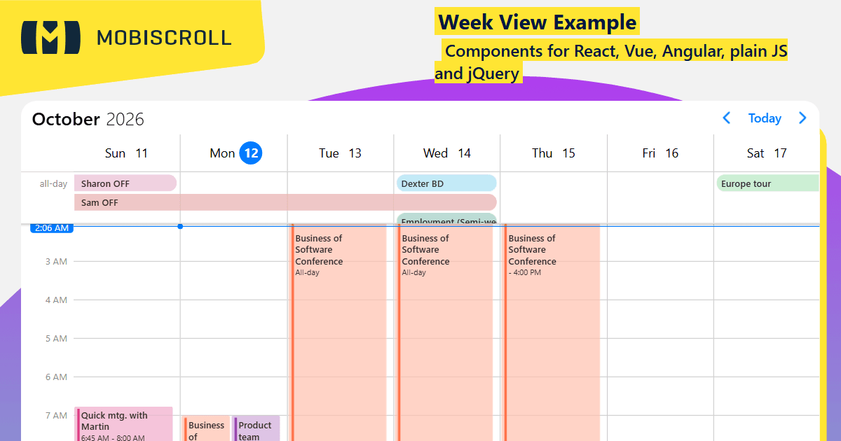 Scroll Schedule JQuery Scheduler Weekly Schedule View Example | Mobiscroll