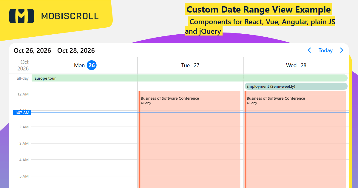 Scheduler Custom Date Range View Example | Mobiscroll