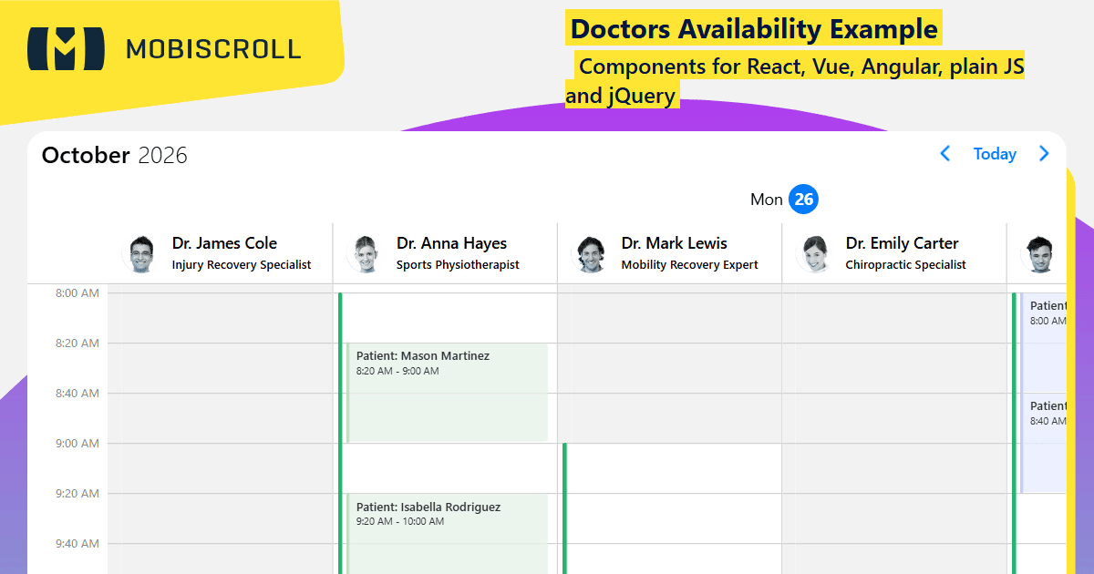React Scheduler Doctor Availability Planner Example | Mobiscroll