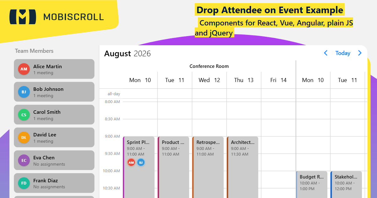 React Scheduler Event drop assignment Example | Mobiscroll