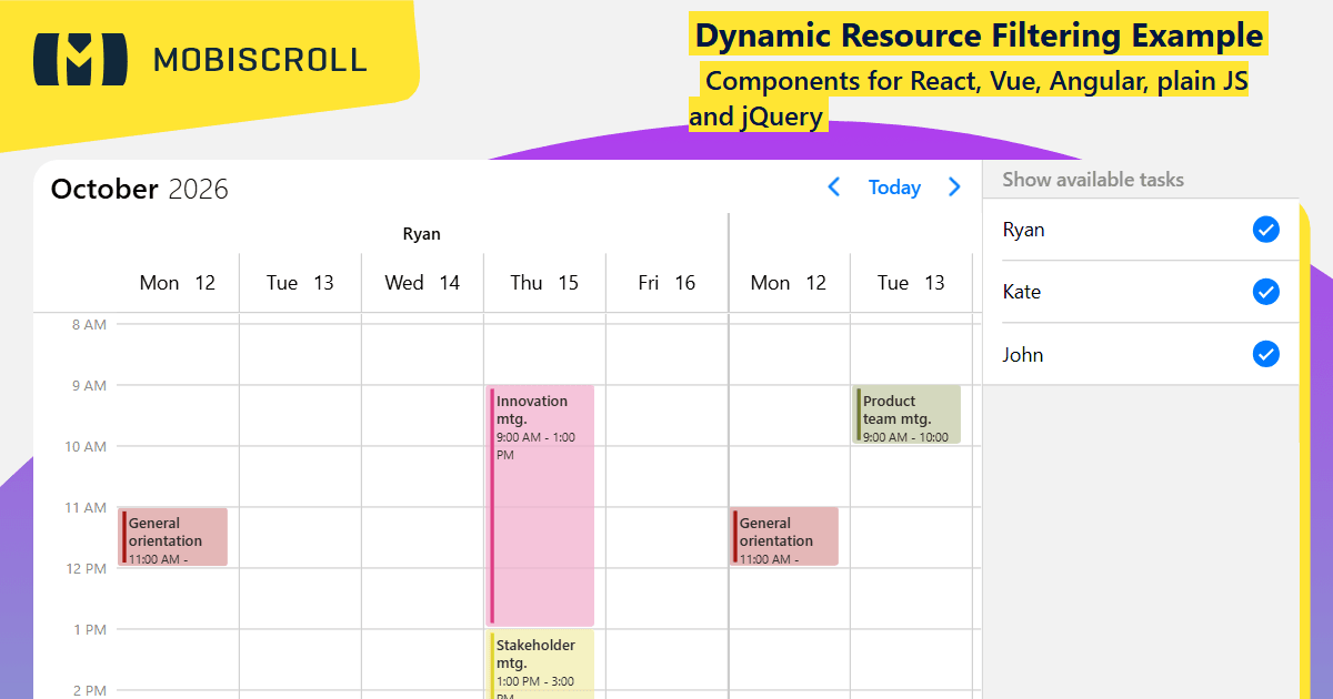 React Scheduler Show/hide resources Example | Mobiscroll