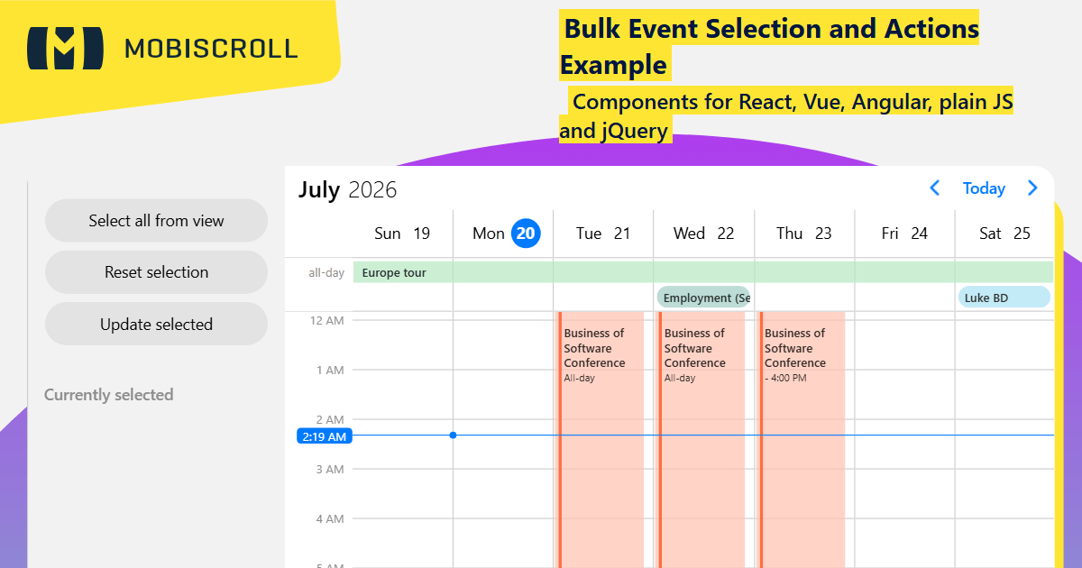 Vue Scheduler Bulk Event Selection and Actions Example | Mobiscroll