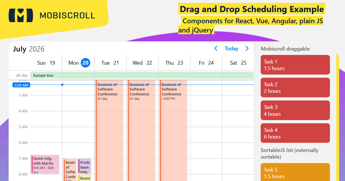 React Scheduler Drag and Drop Scheduling Example | Mobiscroll