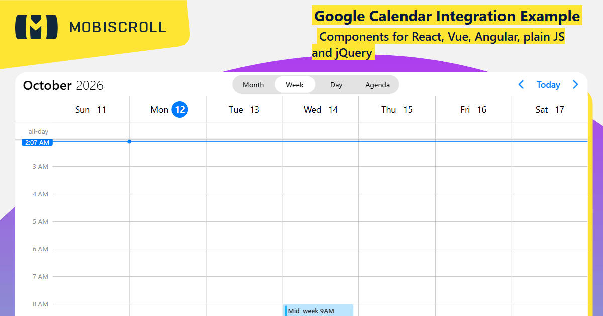 Javascript Scheduler Google Calendar Events Example | Mobiscroll