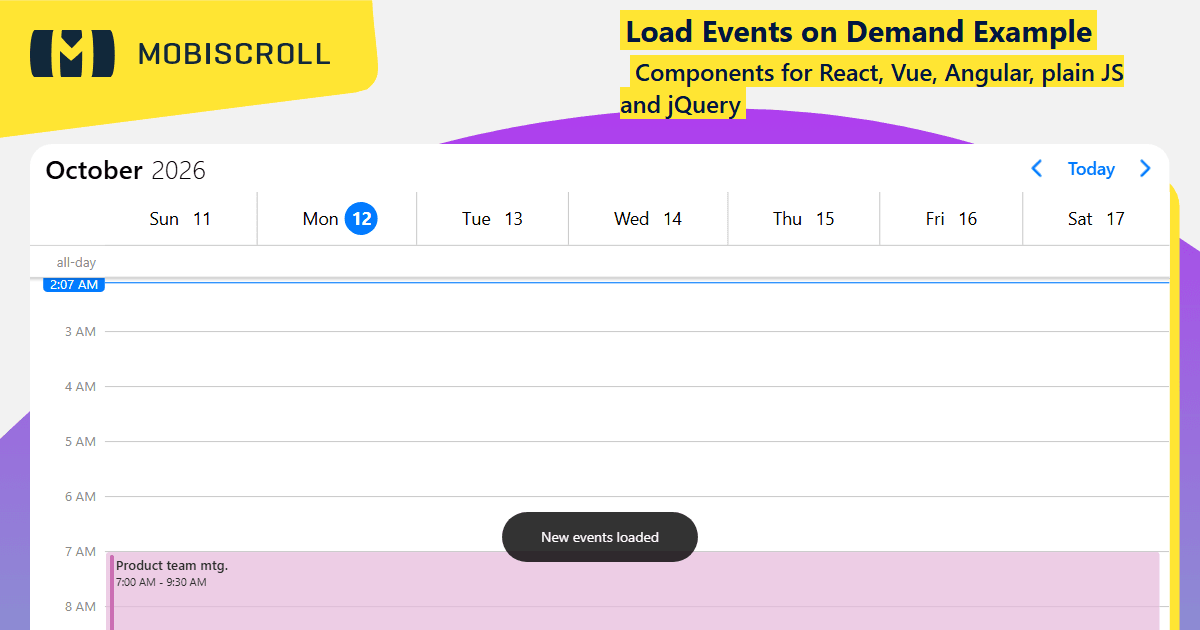 React Scheduler Loading events on demand Example | Mobiscroll